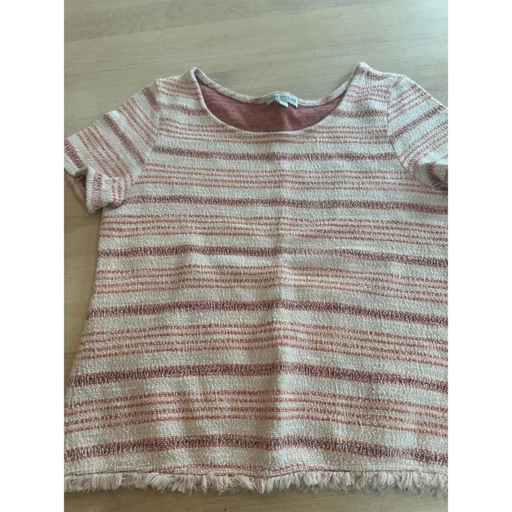 Green Envelope Textured Stripe Top Short Sleeve Fringed Hem Casual‎